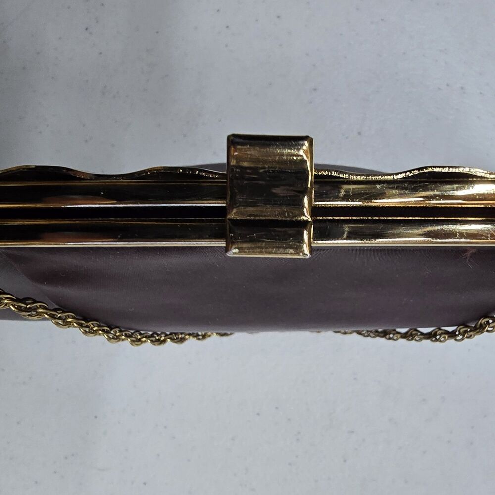 Vintage Miss Lewis Evening Bag Purse Clutch Burgundy Satin Gold Chain Kiss Lock - Picture 8 of 11